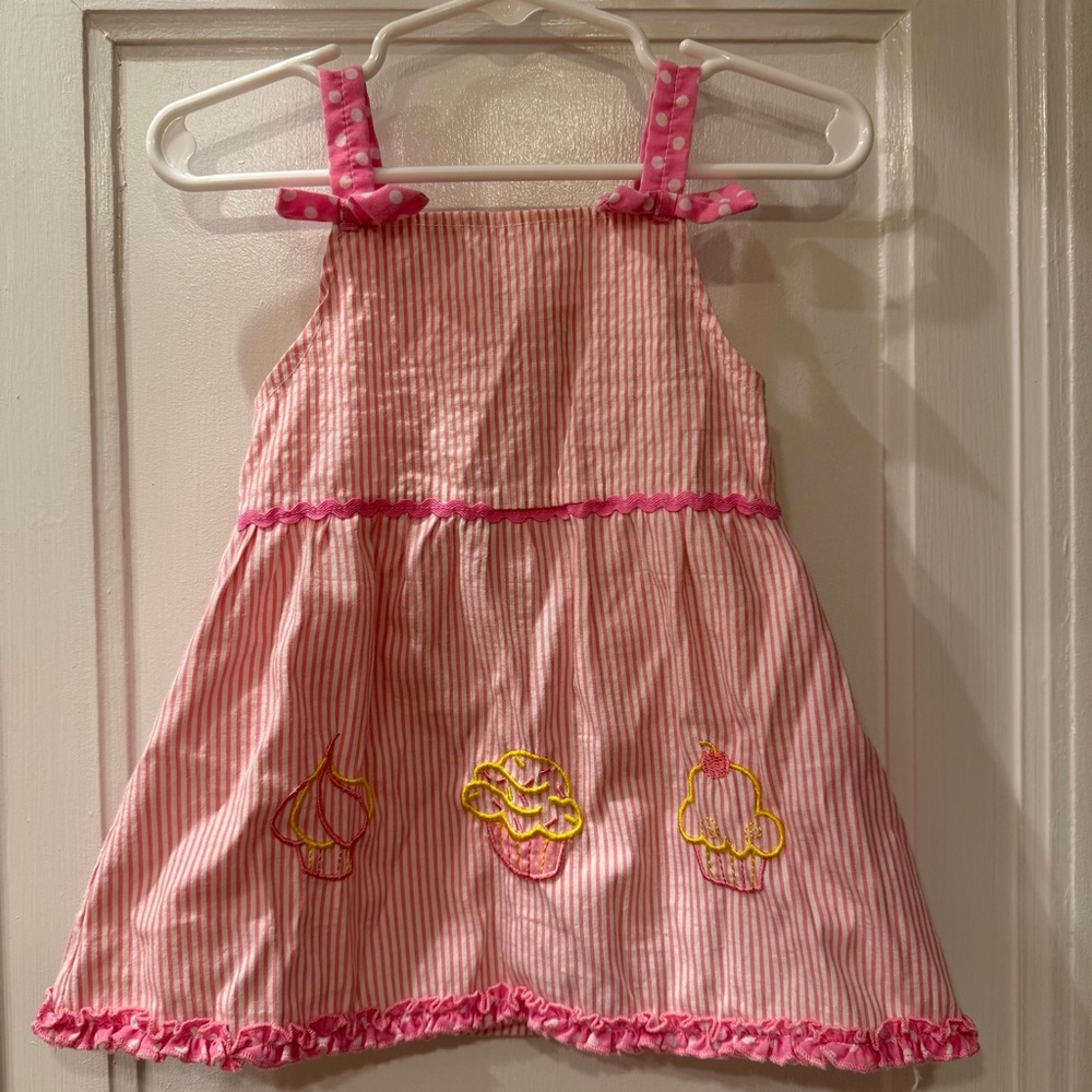 Vintage Style Coney Island Pink Striped Dress w/ Cupcake Embroidery, size 12 mo